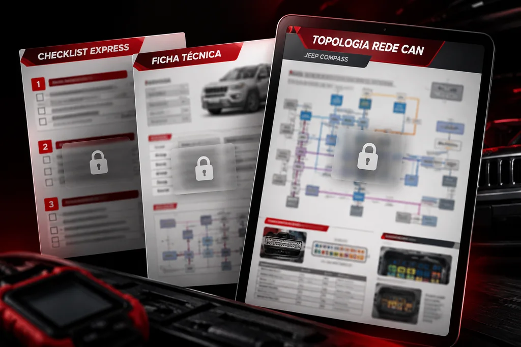 Checklist Express, Ficha Técnica e topologia da Rede CAN do Jeep Compass apresentados em um tablet